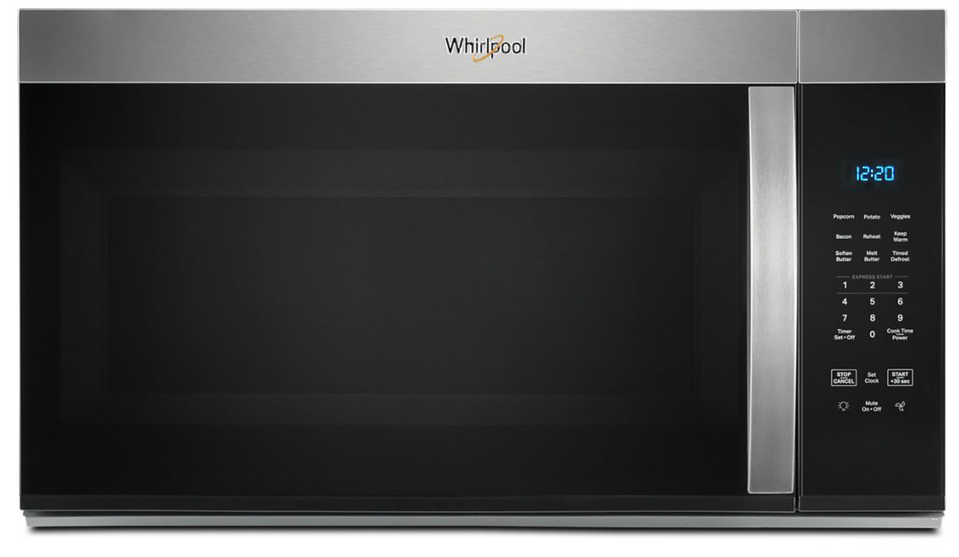 Whirlpool 1.7 cu. ft. Over-the-Range Microwave Oven with 1,000 Watts, 2-Speed 300 CFM Venting System, Add 30 Seconds, Dishwasher-Safe Turntable Plate, and Cooktop Lighting: Stainless Steel