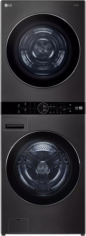 LG Single 27 Inch Electric Laundry Tower with 5 cu ft Front Load Washer, 7.8 cu ft Electric Ventless Heat Pump Dryer in Black Steel